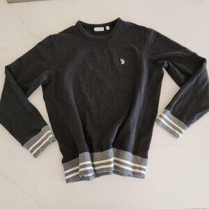 U.S. Polo Assn L Sweater Mens Crew Long Sleeve Logo Gray White Striped Pullover